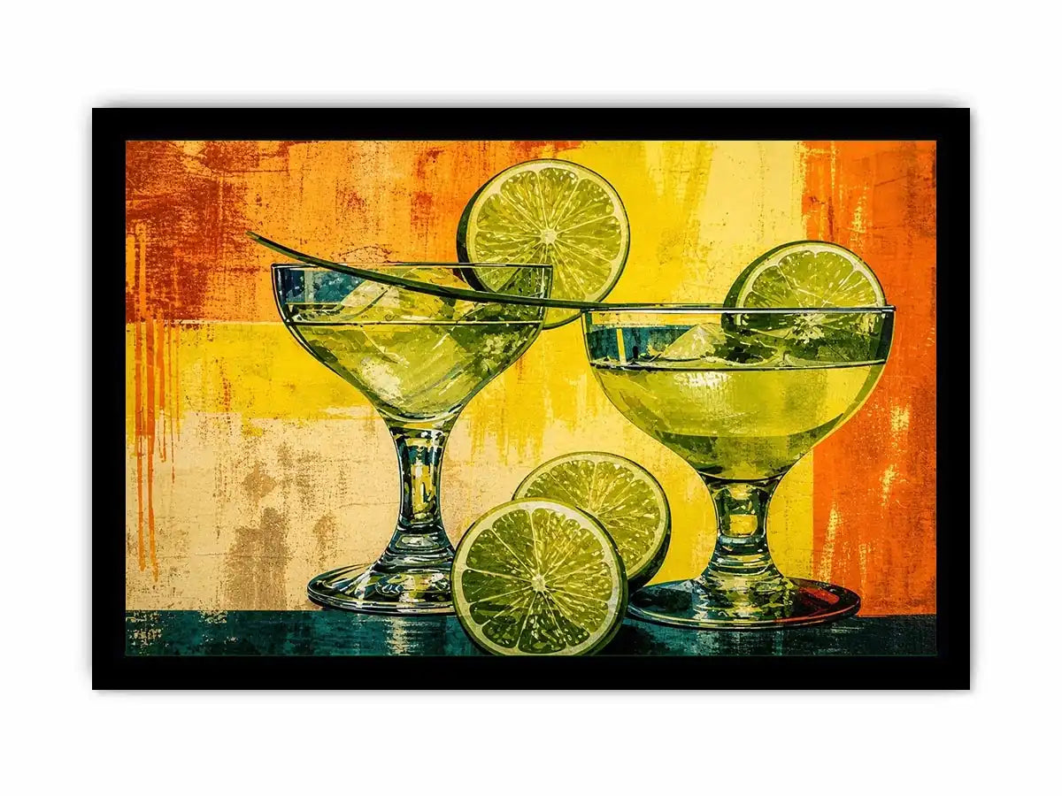 Colorful lime cocktails in martini glasses with citrus slices on vibrant abstract background