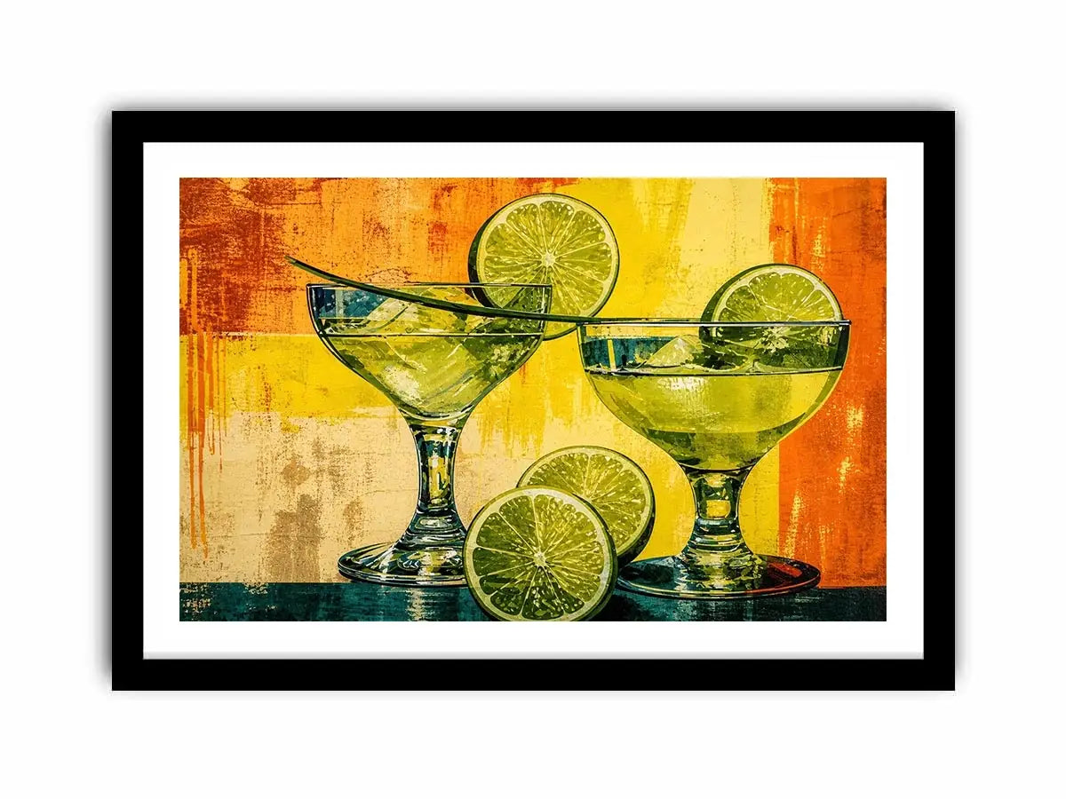 Colorful lime cocktails in martini glasses with citrus slices on vibrant abstract background