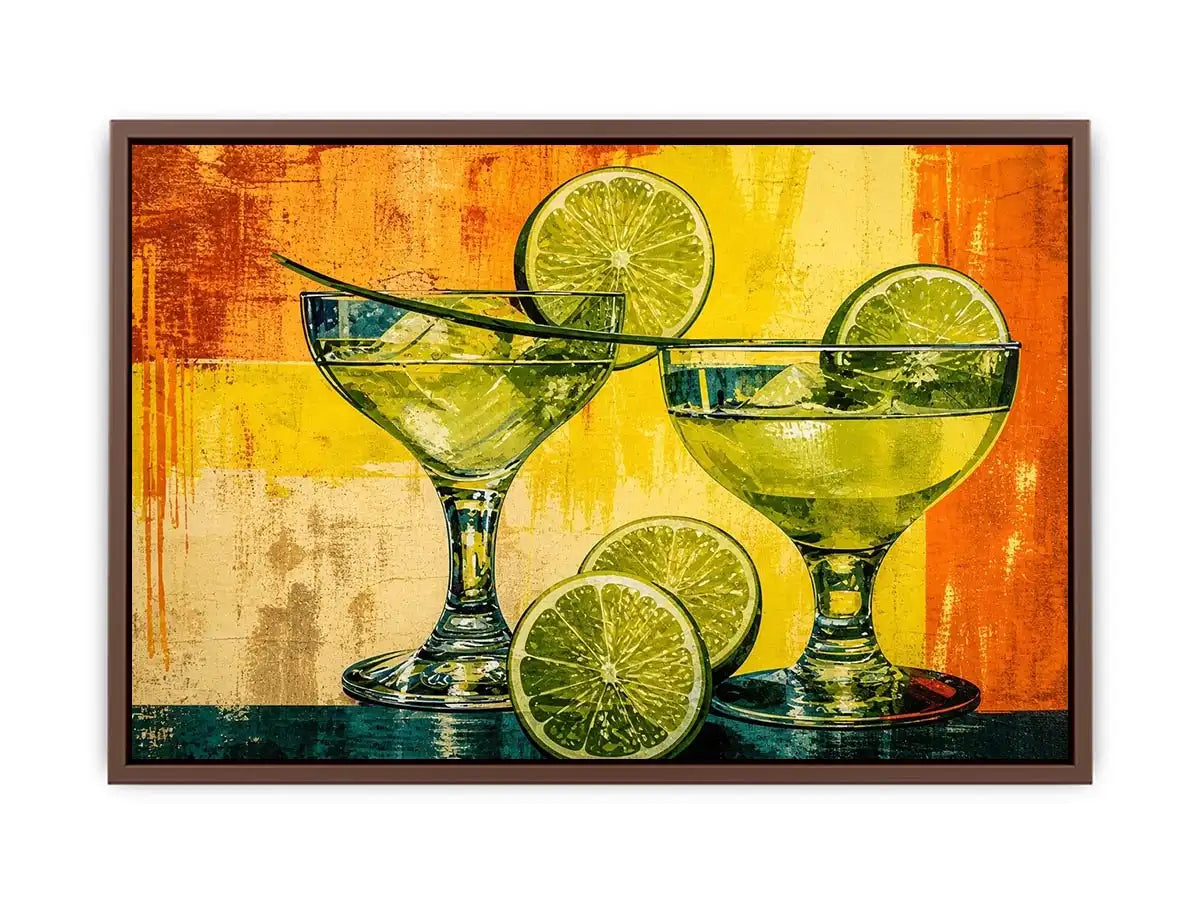 Colorful lime cocktails in martini glasses with citrus slices on vibrant abstract background