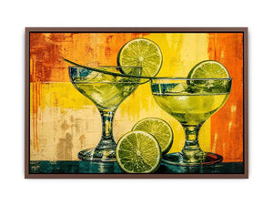 Colorful lime cocktails in martini glasses with citrus slices on vibrant abstract background