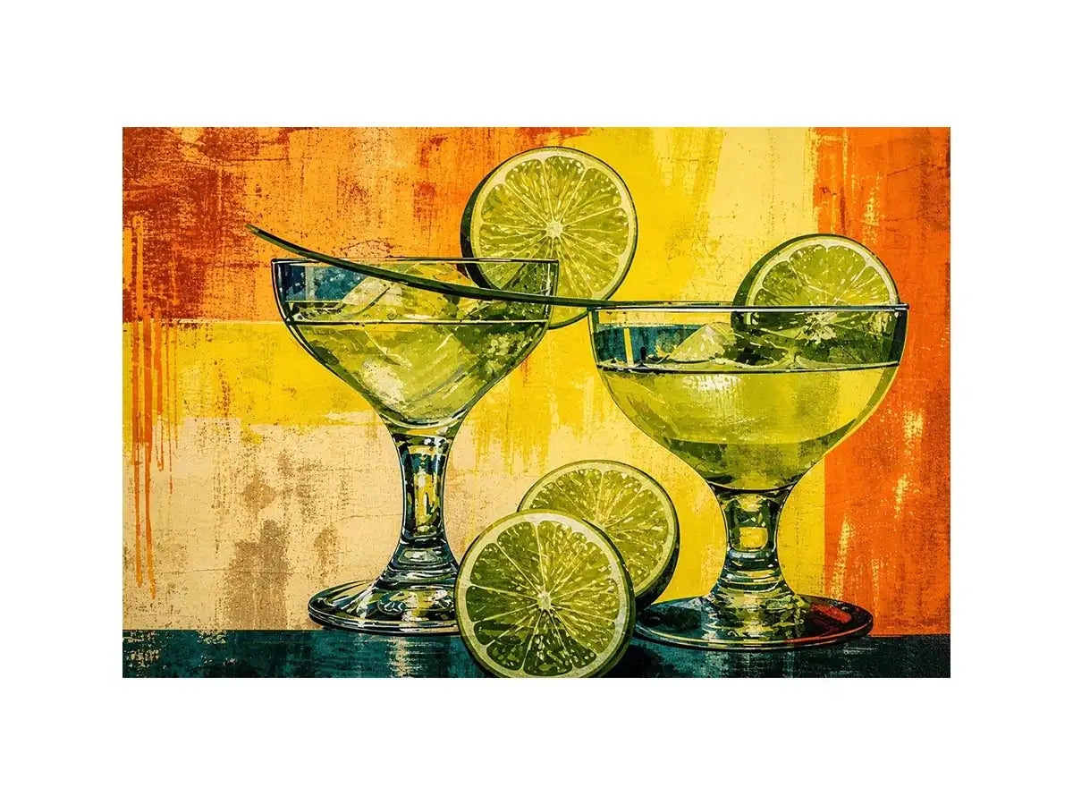 Colorful lime cocktails in martini glasses with citrus slices on vibrant abstract background