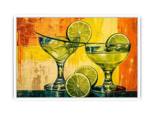 Colorful lime cocktails in martini glasses with citrus slices on vibrant abstract background