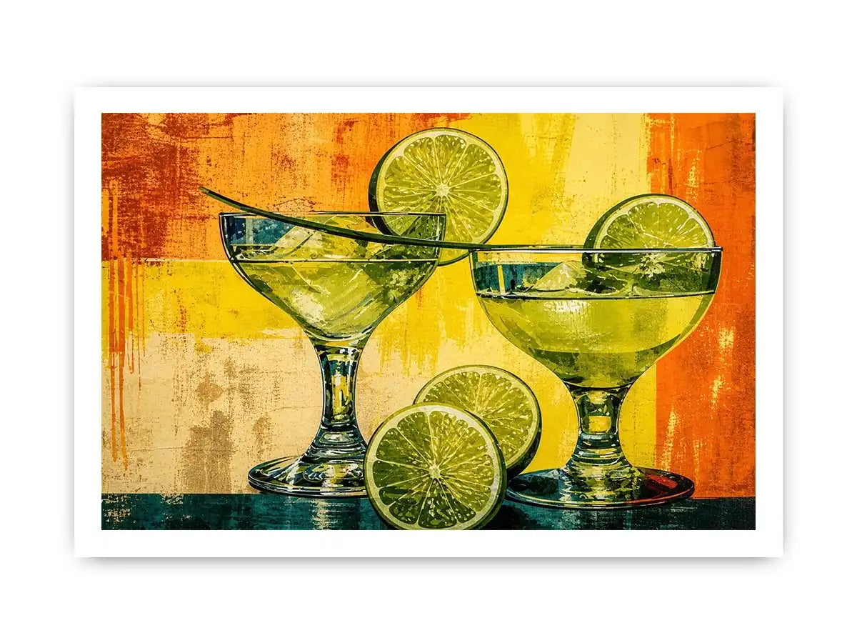 Colorful lime cocktails in martini glasses with citrus slices on vibrant abstract background