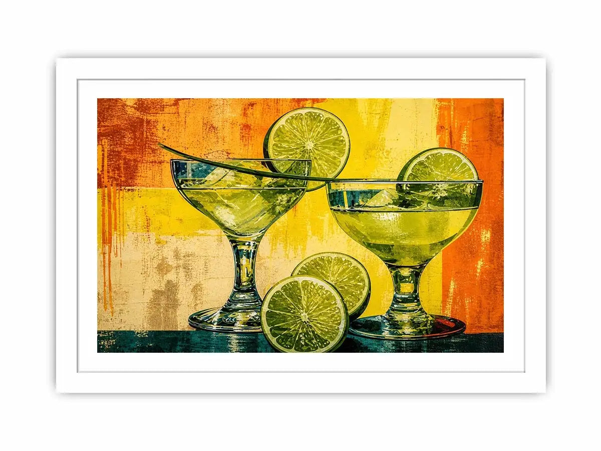 Colorful lime cocktails in martini glasses with citrus slices on vibrant abstract background