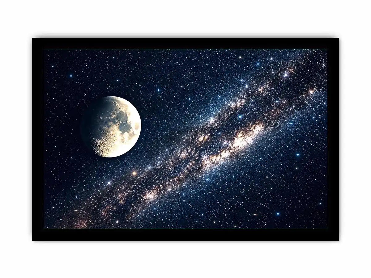 Minimal moon night sky wall art with soft stars and deep blue tones for calm modern luxury interiors