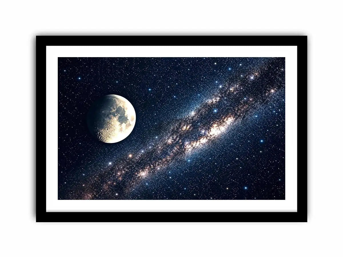 Minimal moon night sky wall art with soft stars and deep blue tones for calm modern luxury interiors