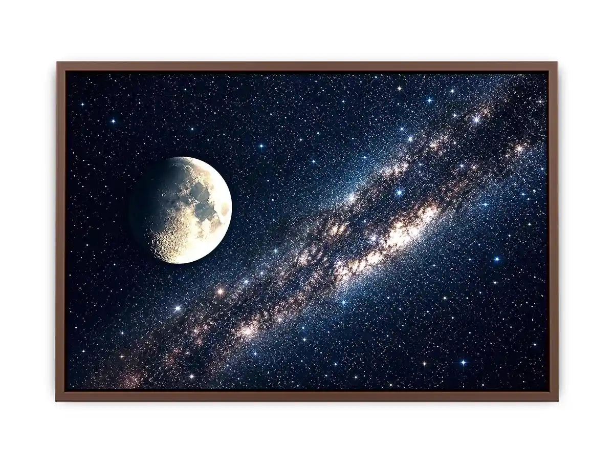 Minimal moon night sky wall art with soft stars and deep blue tones for calm modern luxury interiors