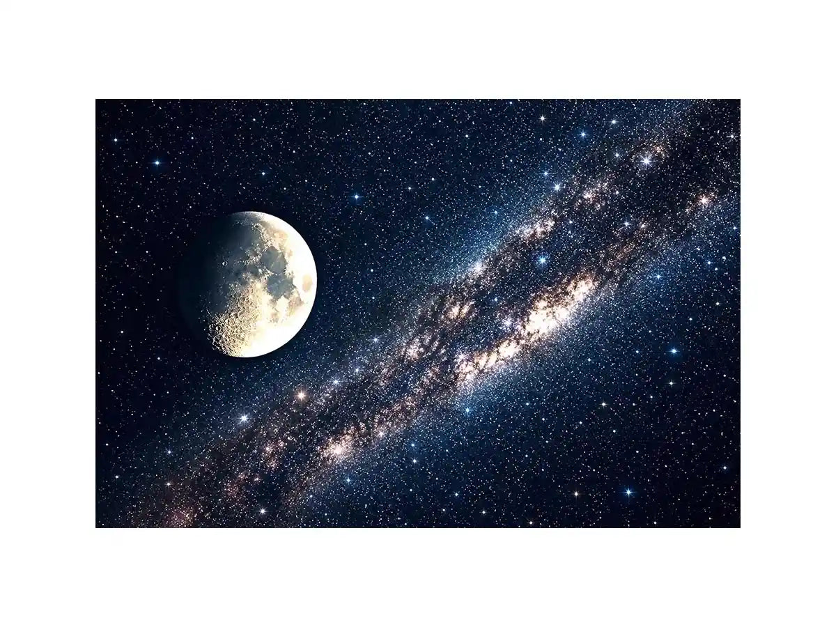 Minimal moon night sky wall art with soft stars and deep blue tones for calm modern luxury interiors