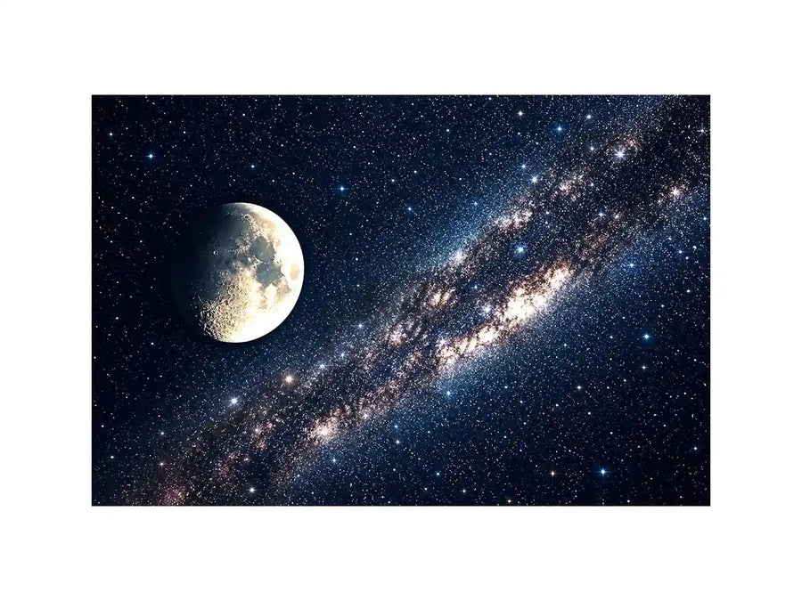 Minimal moon night sky wall art with soft stars and deep blue tones for calm modern luxury interiors