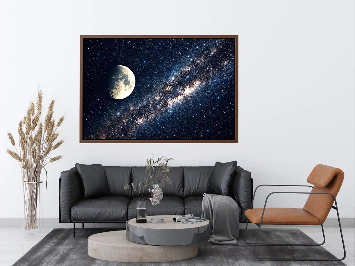 Minimal moon night sky wall art with soft stars and deep blue tones for calm modern luxury interiors