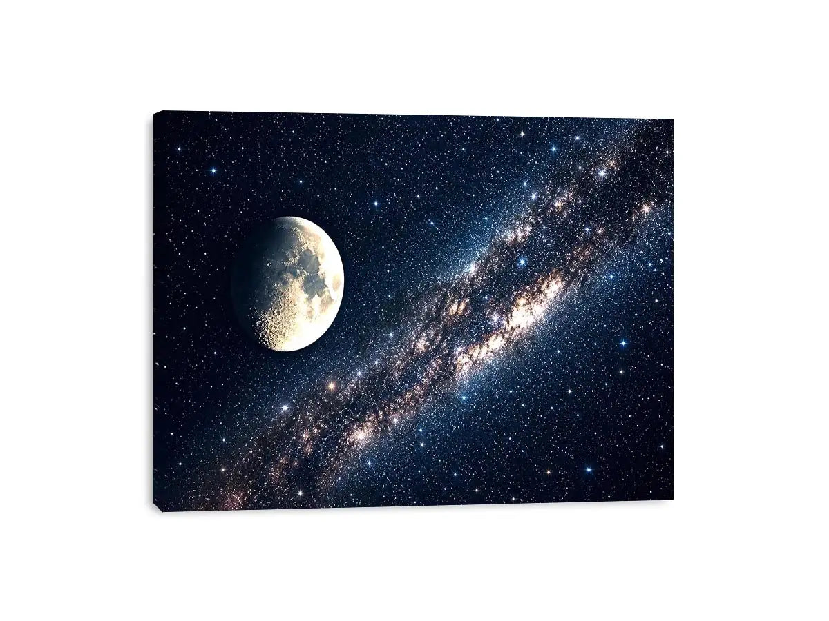 Minimal moon night sky wall art with soft stars and deep blue tones for calm modern luxury interiors