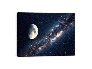 Minimal moon night sky wall art with soft stars and deep blue tones for calm modern luxury interiors