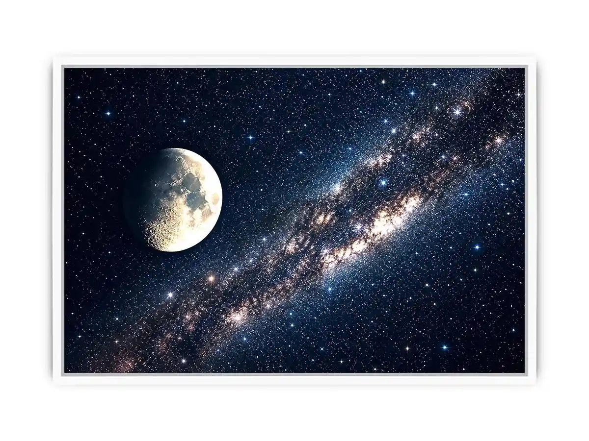 Minimal moon night sky wall art with soft stars and deep blue tones for calm modern luxury interiors