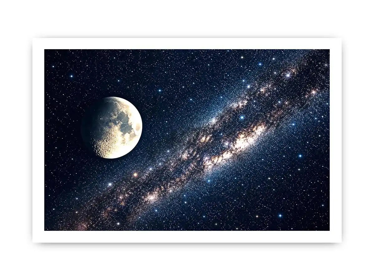 Minimal moon night sky wall art with soft stars and deep blue tones for calm modern luxury interiors