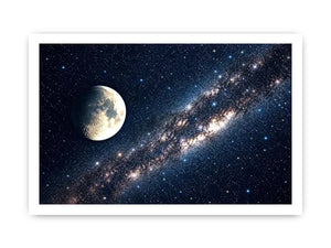 Minimal moon night sky wall art with soft stars and deep blue tones for calm modern luxury interiors