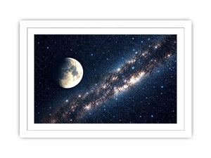 Minimal moon night sky wall art with soft stars and deep blue tones for calm modern luxury interiors