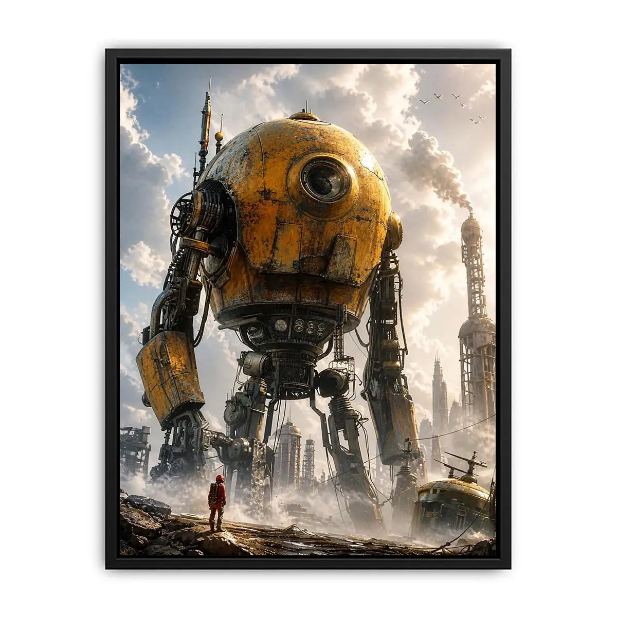 Futuristic robot mech wall art with industrial landscape and soft neutral tones for modern luxury interiors