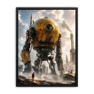 Futuristic robot mech wall art with industrial landscape and soft neutral tones for modern luxury interiors