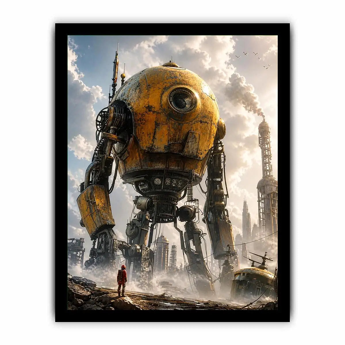 Futuristic robot mech wall art with industrial landscape and soft neutral tones for modern luxury interiors