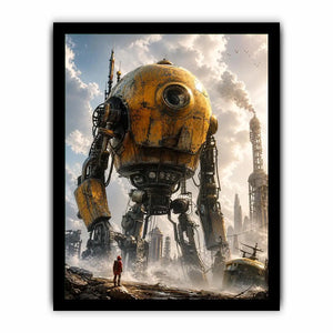Futuristic robot mech wall art with industrial landscape and soft neutral tones for modern luxury interiors