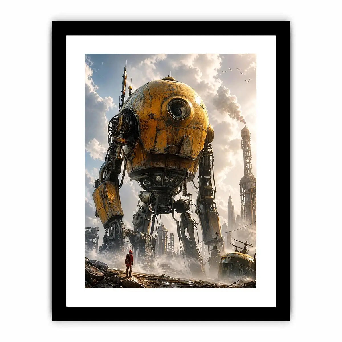 Futuristic robot mech wall art with industrial landscape and soft neutral tones for modern luxury interiors