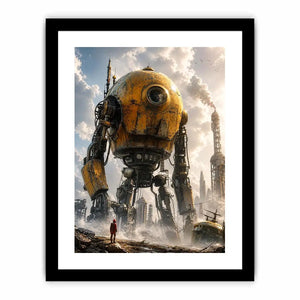 Futuristic robot mech wall art with industrial landscape and soft neutral tones for modern luxury interiors