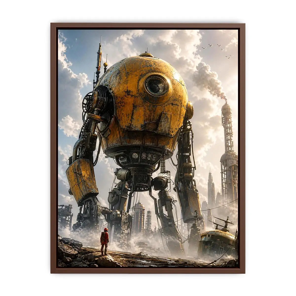 Futuristic robot mech wall art with industrial landscape and soft neutral tones for modern luxury interiors
