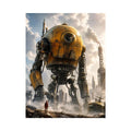Futuristic robot mech wall art with industrial landscape and soft neutral tones for modern luxury interiors