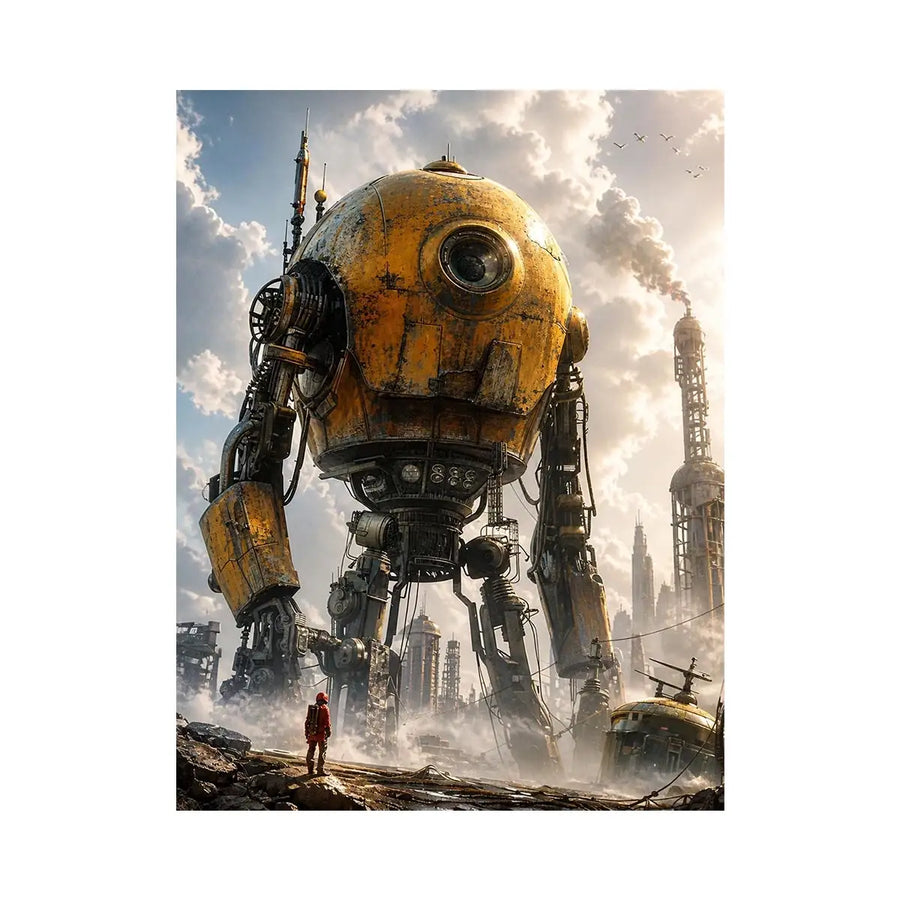 Futuristic robot mech wall art with industrial landscape and soft neutral tones for modern luxury interiors