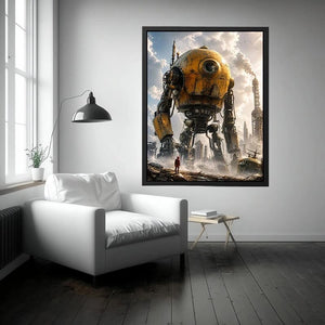 Futuristic robot mech wall art with industrial landscape and soft neutral tones for modern luxury interiors