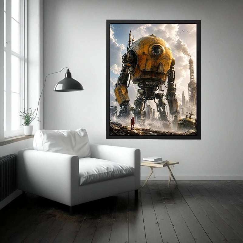 Futuristic robot mech wall art with industrial landscape and soft neutral tones for modern luxury interiors