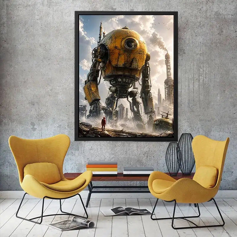 Futuristic robot mech wall art with industrial landscape and soft neutral tones for modern luxury interiors