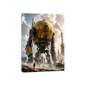 Futuristic robot mech wall art with industrial landscape and soft neutral tones for modern luxury interiors