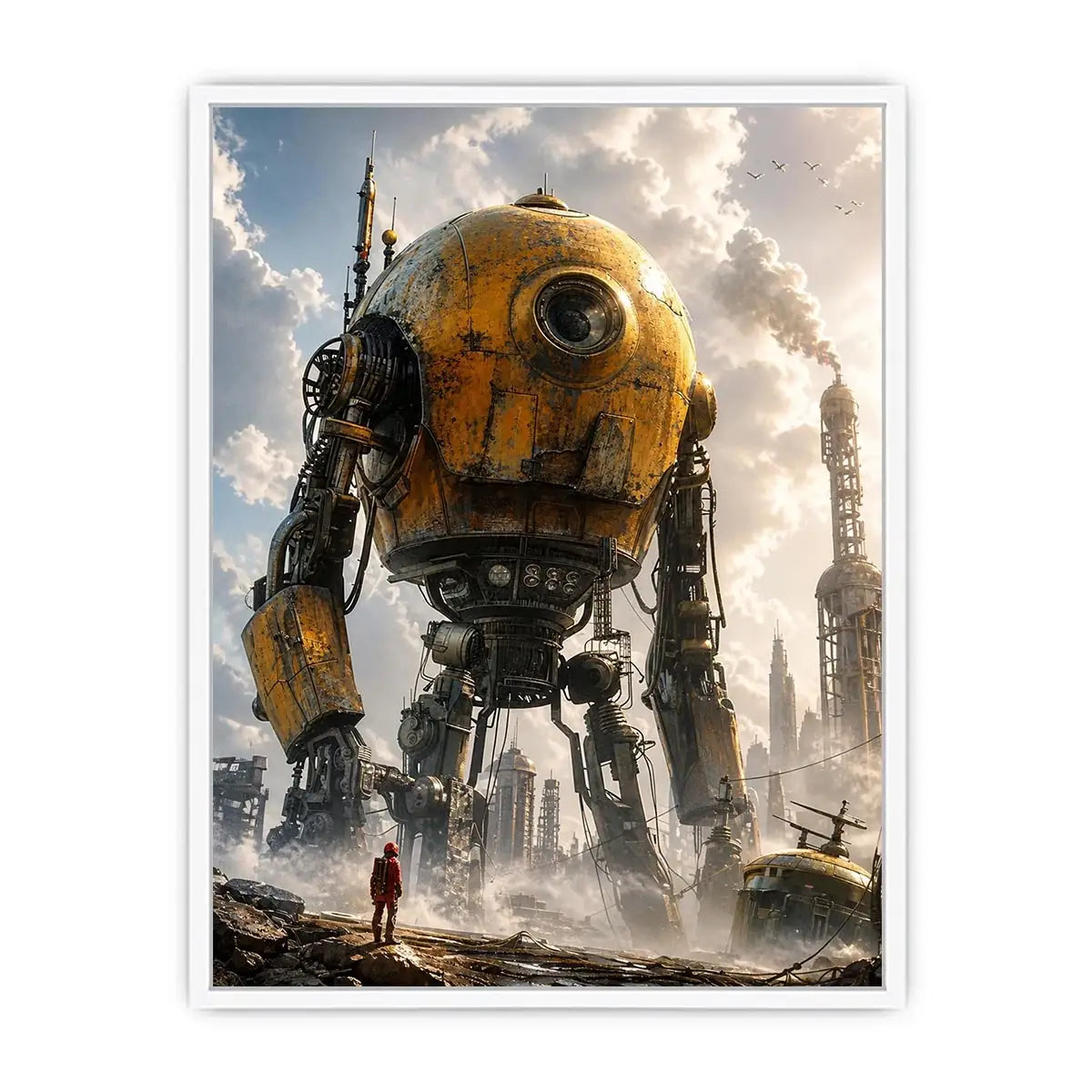 Futuristic robot mech wall art with industrial landscape and soft neutral tones for modern luxury interiors