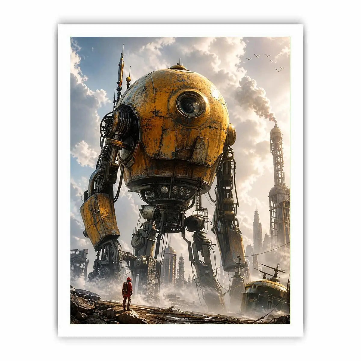 Futuristic robot mech wall art with industrial landscape and soft neutral tones for modern luxury interiors