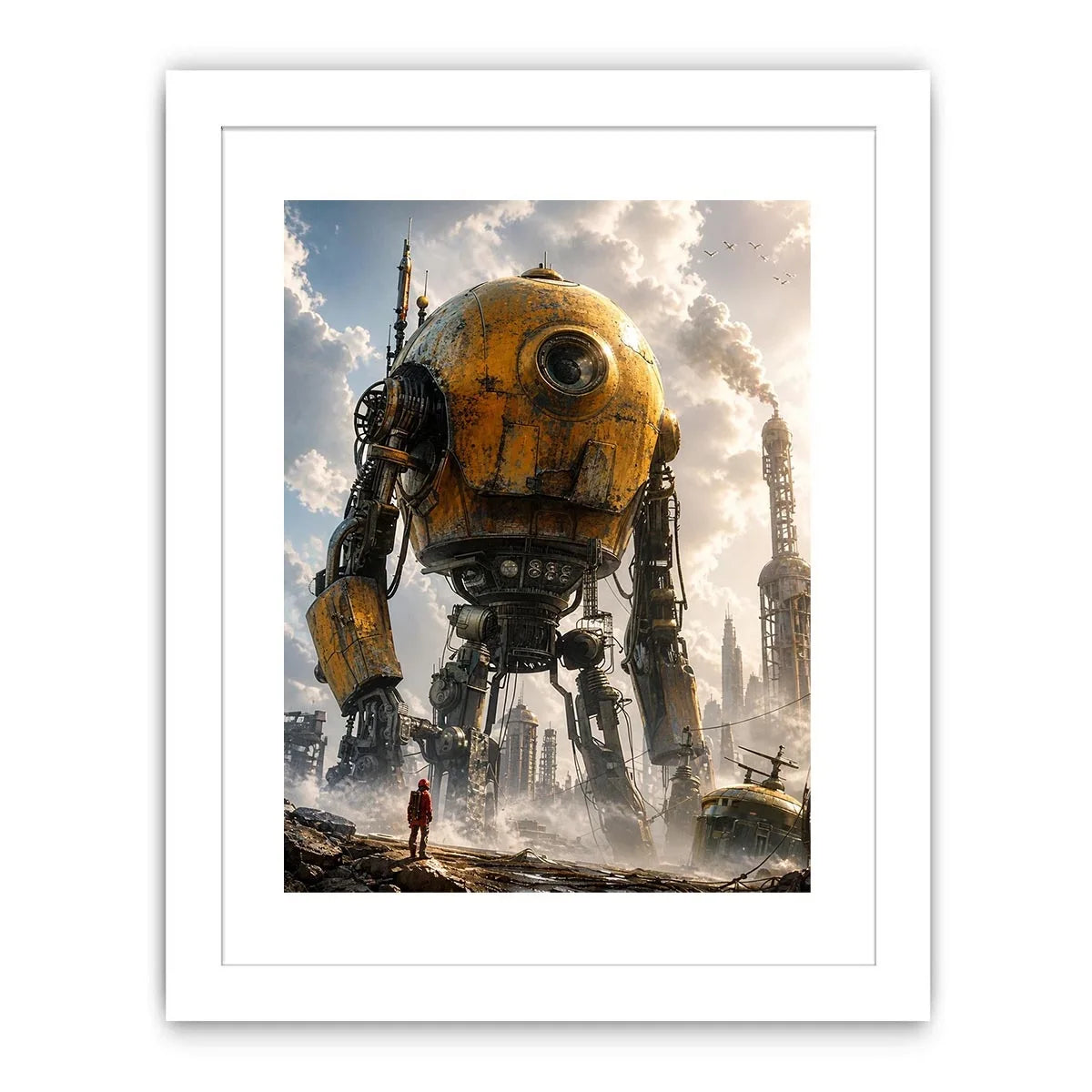 Futuristic robot mech wall art with industrial landscape and soft neutral tones for modern luxury interiors