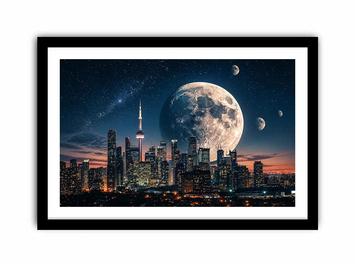 Modern city skyline wall art with large moon and starry night sky in blue and orange tones for luxury interiors