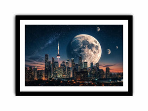 Modern city skyline wall art with large moon and starry night sky in blue and orange tones for luxury interiors