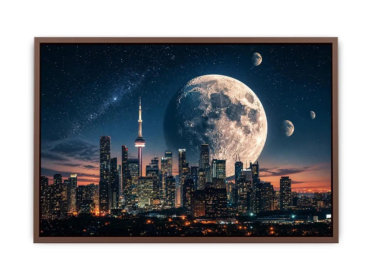 Modern city skyline wall art with large moon and starry night sky in blue and orange tones for luxury interiors