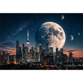 Modern city skyline wall art with large moon and starry night sky in blue and orange tones for luxury interiors