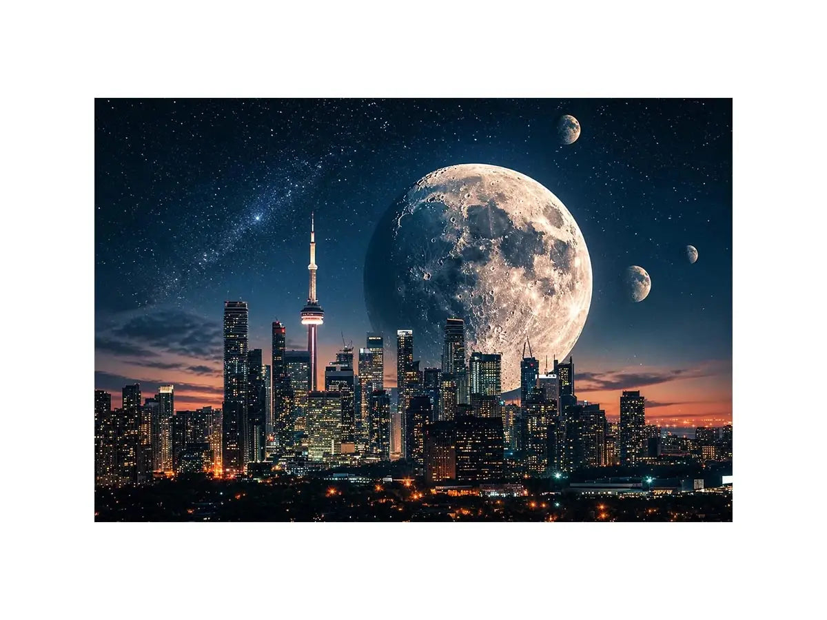 Modern city skyline wall art with large moon and starry night sky in blue and orange tones for luxury interiors