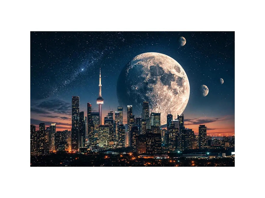 Modern city skyline wall art with large moon and starry night sky in blue and orange tones for luxury interiors