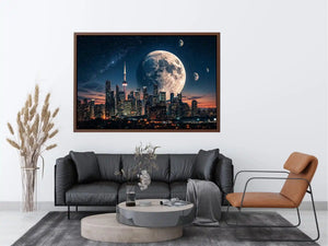 Modern city skyline wall art with large moon and starry night sky in blue and orange tones for luxury interiors