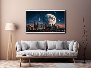 Modern city skyline wall art with large moon and starry night sky in blue and orange tones for luxury interiors