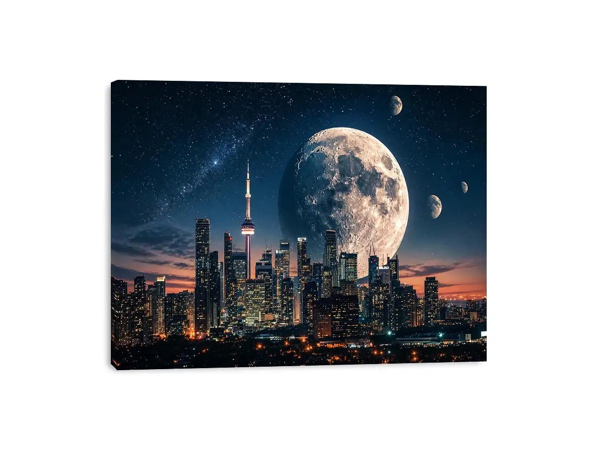 Modern city skyline wall art with large moon and starry night sky in blue and orange tones for luxury interiors
