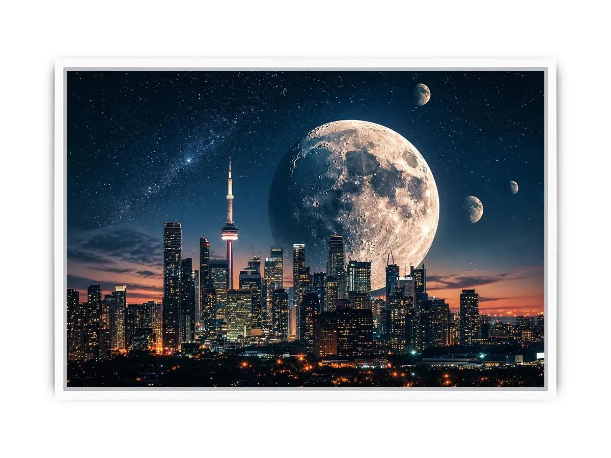 Modern city skyline wall art with large moon and starry night sky in blue and orange tones for luxury interiors