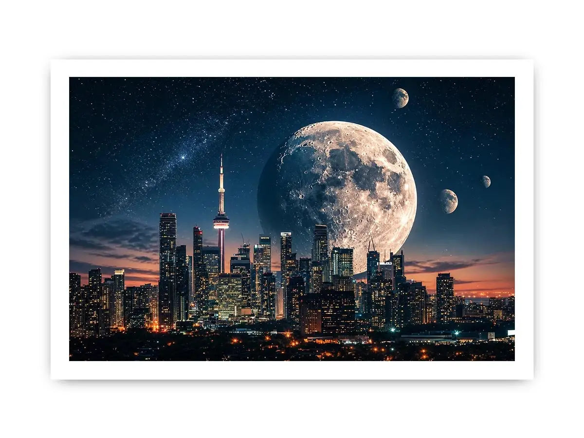 Modern city skyline wall art with large moon and starry night sky in blue and orange tones for luxury interiors