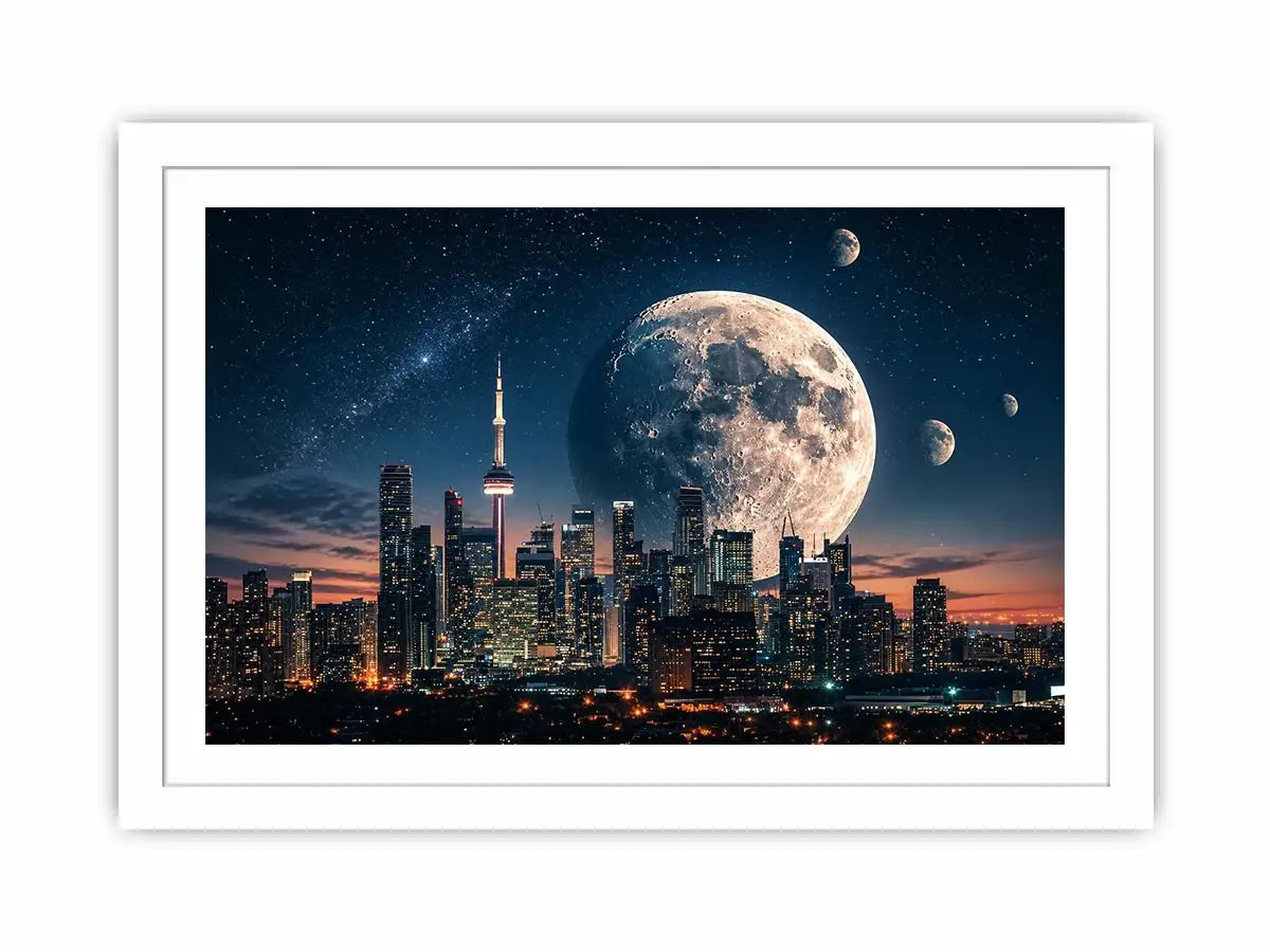 Modern city skyline wall art with large moon and starry night sky in blue and orange tones for luxury interiors