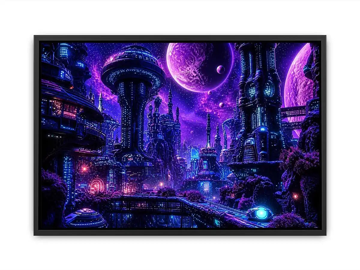 Futuristic neon cityscape wall art with glowing buildings and cosmic sky in purple and blue tones for modern interiors