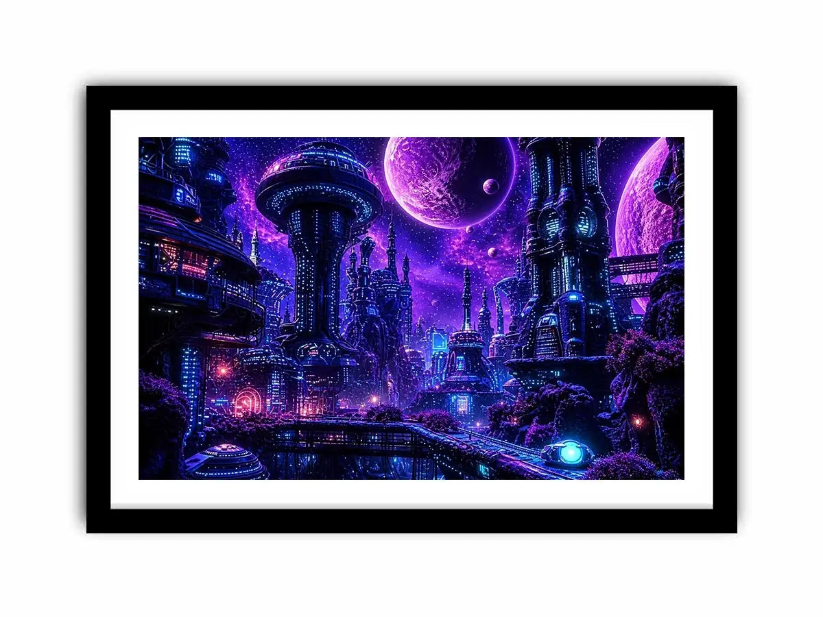 Futuristic neon cityscape wall art with glowing buildings and cosmic sky in purple and blue tones for modern interiors